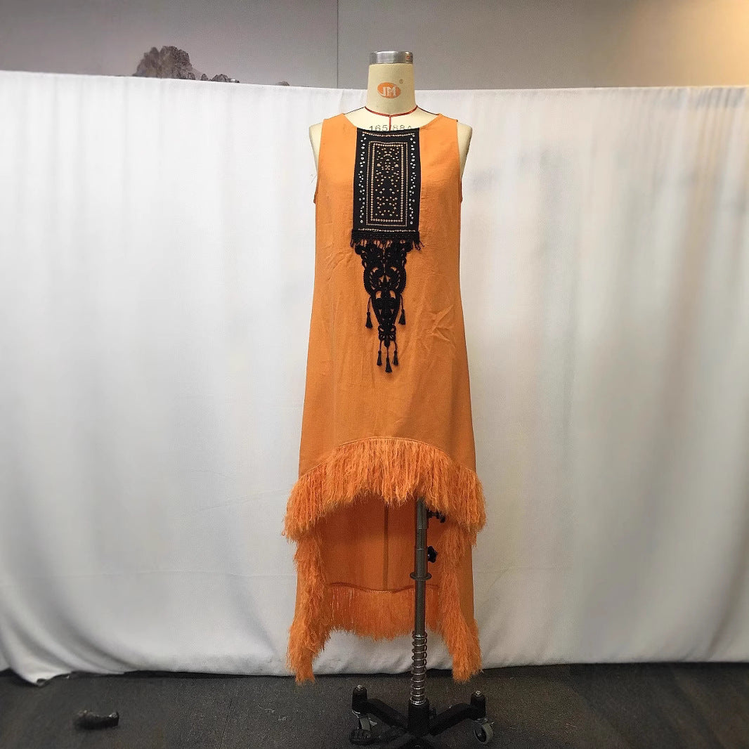 Denim-style Casual Patchwork Fringed Dress