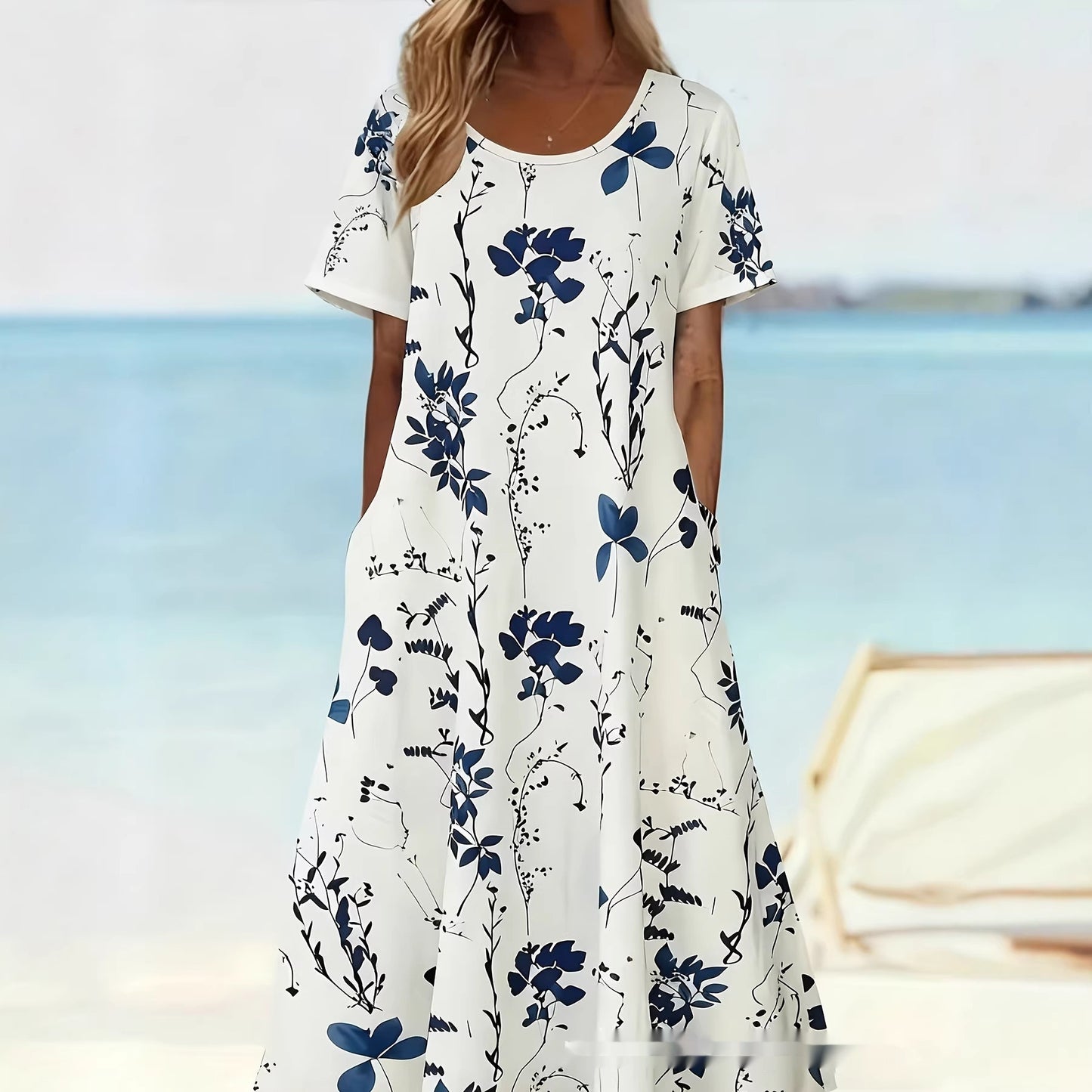 Printed Dress Summer Womens Plus-Size Fashionable Long Short-Sleeve Dress
