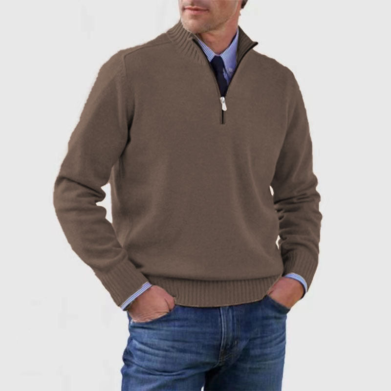 Sweater til mænd med lynlås og opretstående krave Vintermode Ensfarvet Strikket Langærmet Top Tøj