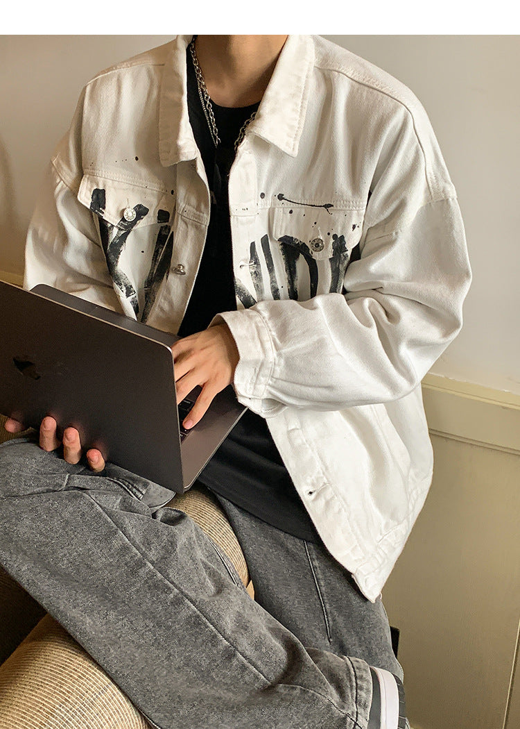 Graffiti Letter Printing Handsome High Street Denim Jacket For Young Men Baggy Coat