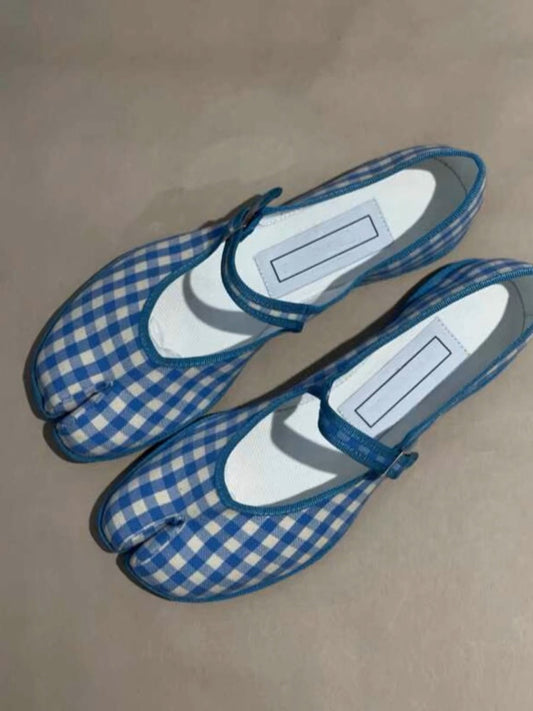Korean Style Plaid Split Toe Ballet Flat Bottom Pumps