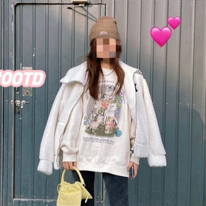 Women's Loose Round Neck Cartoon Mid-length Sweater