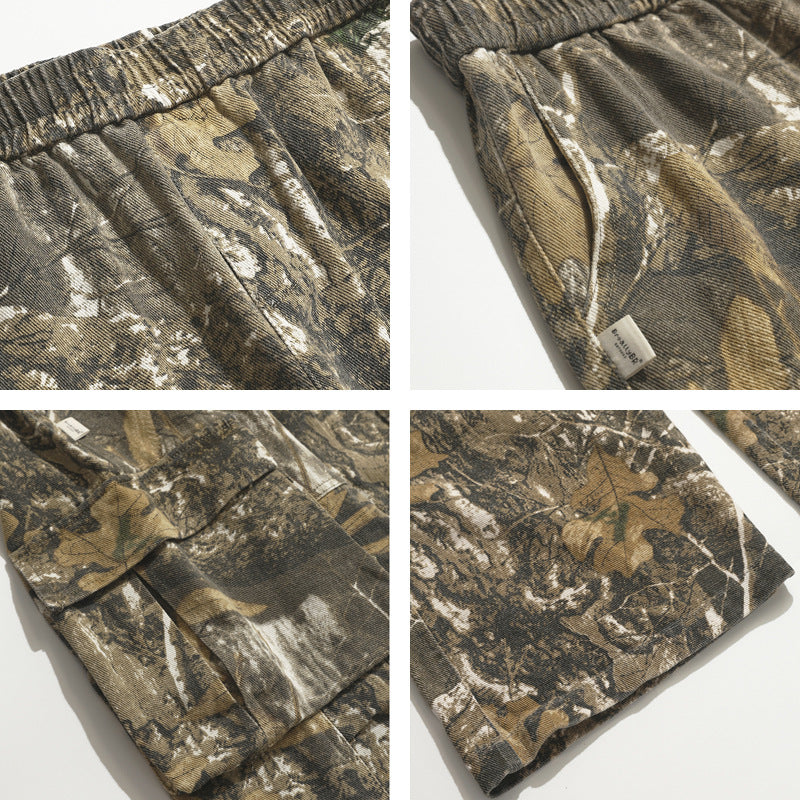 Retro Washed Distressed Camouflage Multi-pocket Wide-leg Draggle-tail Trousers