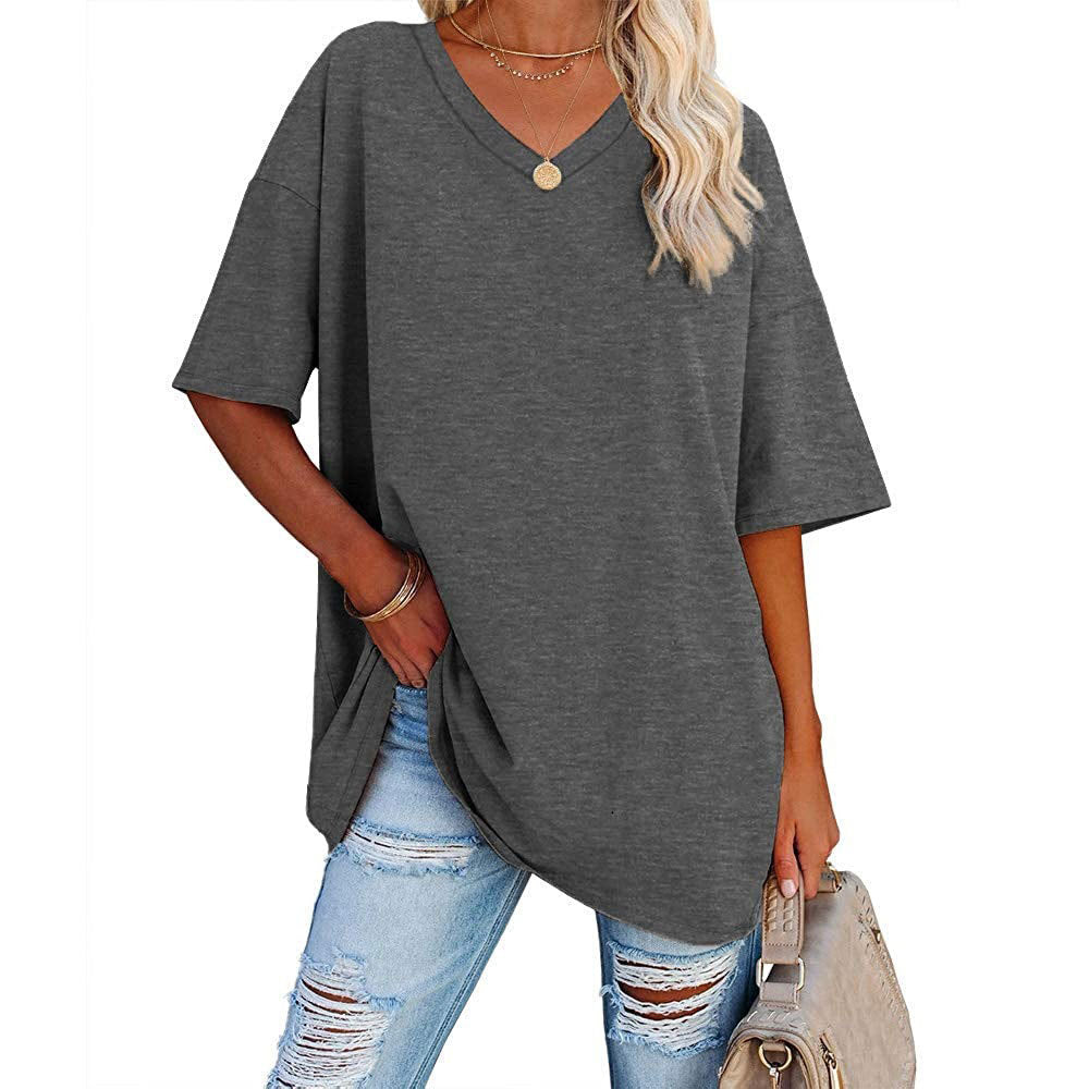 European And American Women's Loose Short-sleeved V-neck T-shirt