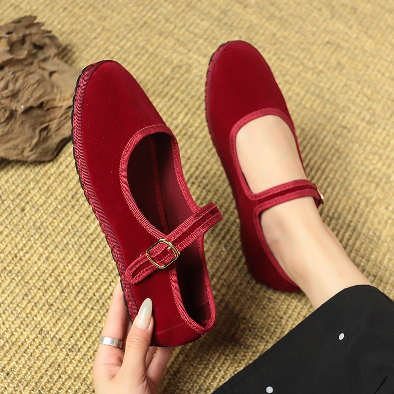 Retro Flat Bottom Suede Pumps Red Gentle