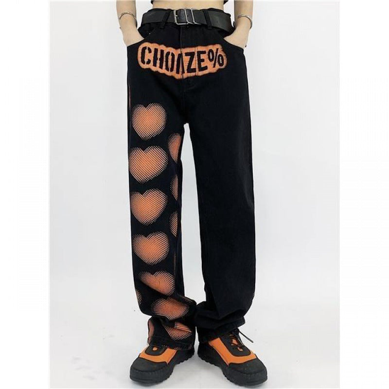 Love Letter Print Overalls Men's And Women's Loose Straight Trousers