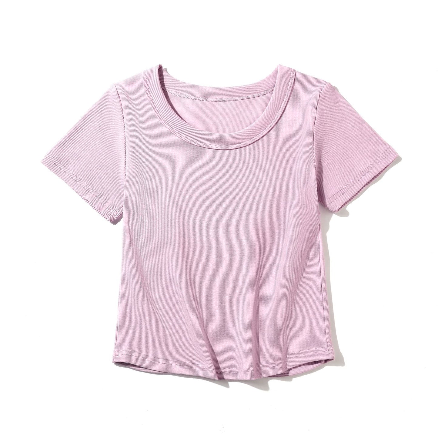 Women's French-style O-neck Short ICE Cotton T-shirt With Curved Hem