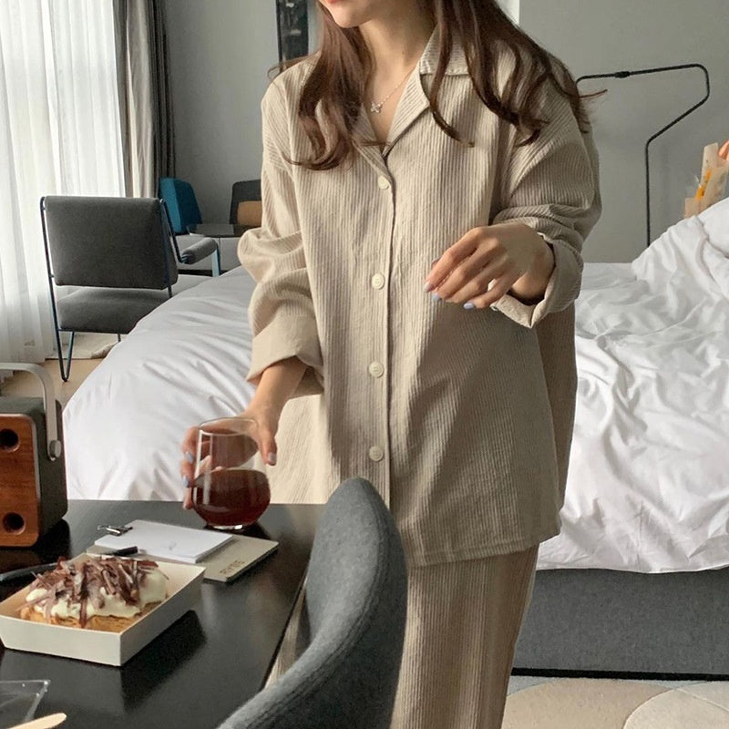 Simple Stripe Long Sleeve Women's Casual Loose Home Suit