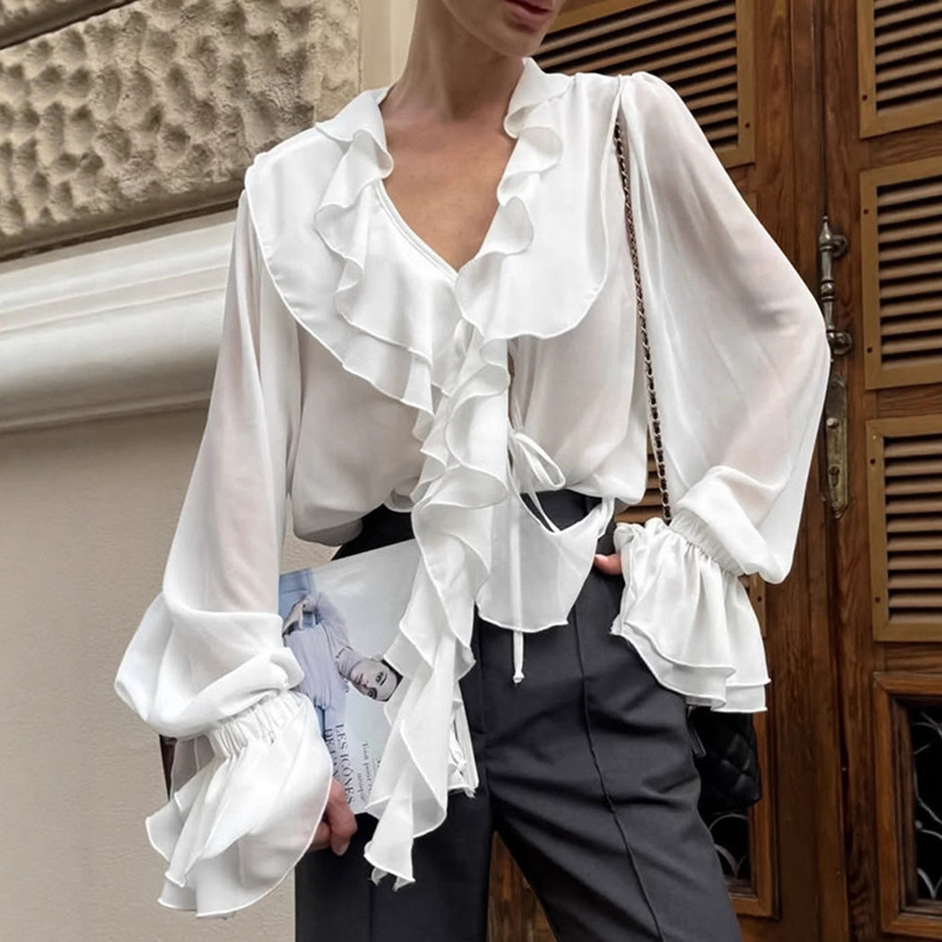Retro Bordeaux V-hals Bluse Med Snøredetalje