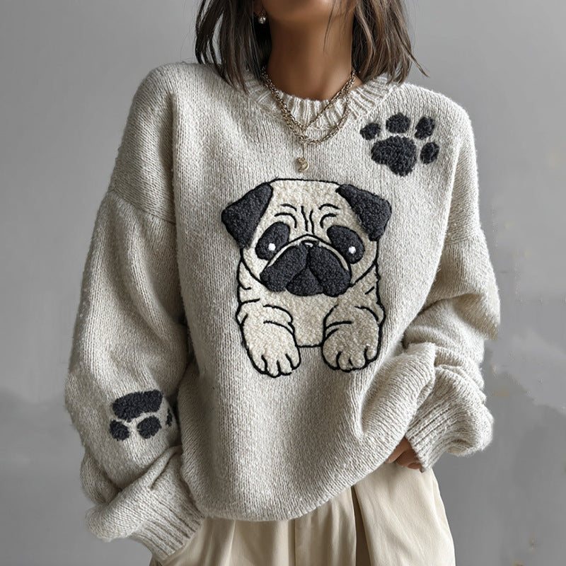Womens 3D Digital-print Crew-neck Loose Sweater
