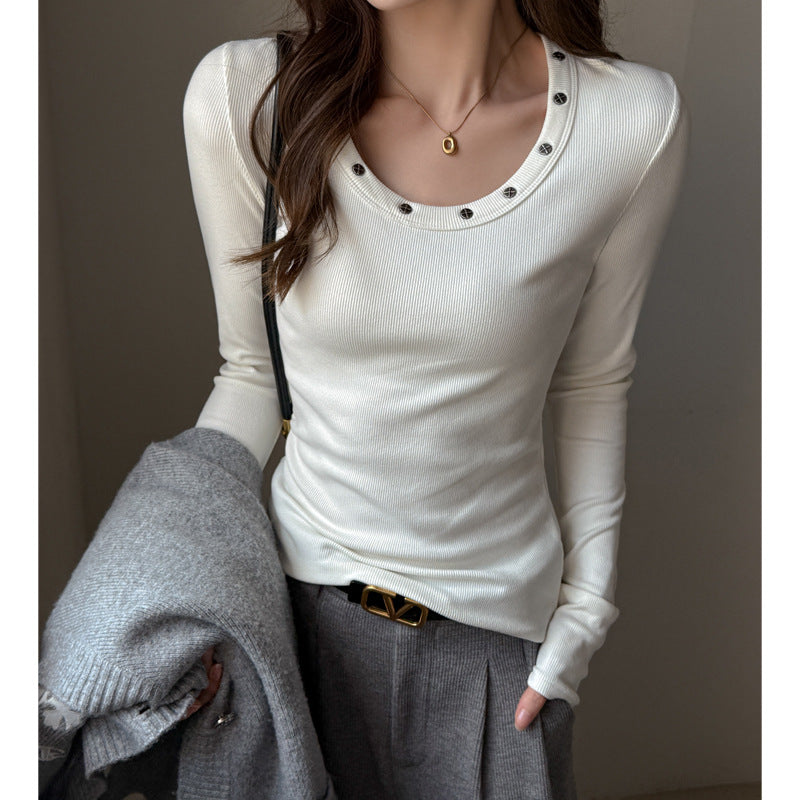 Women's Fashion Versatile Round Neck Studded Long Sleeve T-Shirt