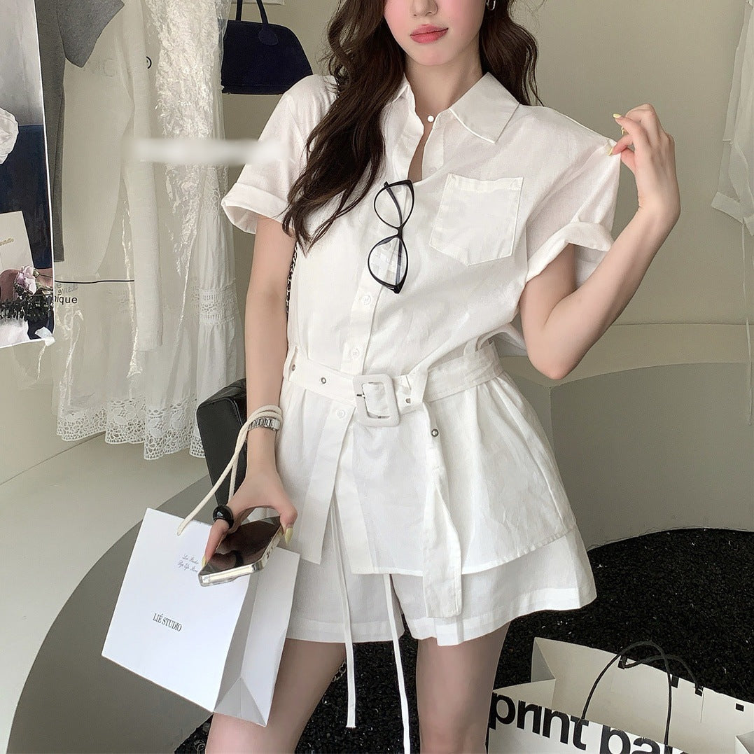 Lapel Short-sleeve Shirt And High-waisted Figure-flattering Shorts Set