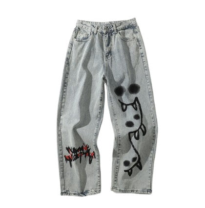 High Street Hip-hop Graffiti Print Loose Drape Mopping Straight Casual Denim Trousers For Men And Women