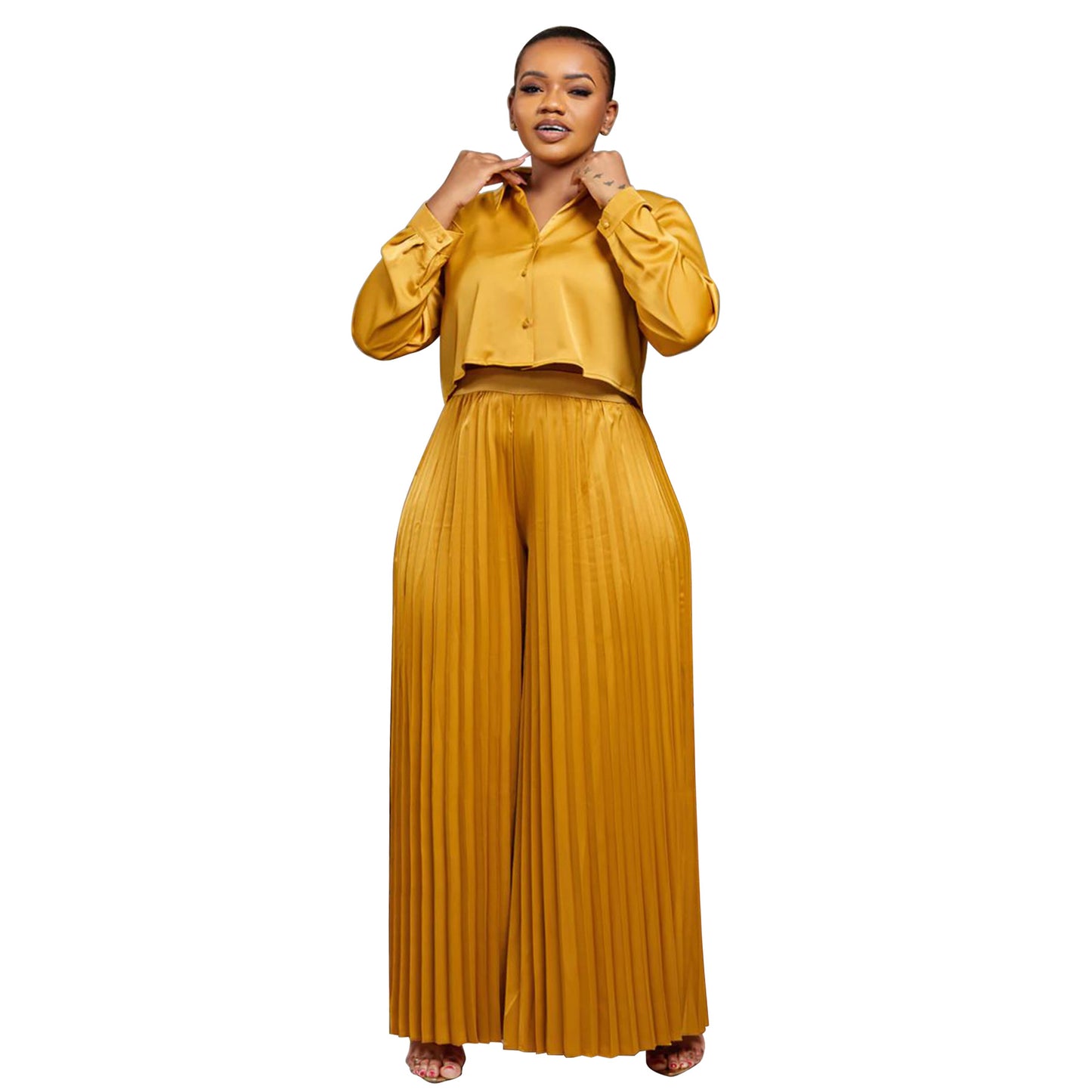 Casual Shirt Top And Wide-leg Pants Pleated Two-piece Set For Export