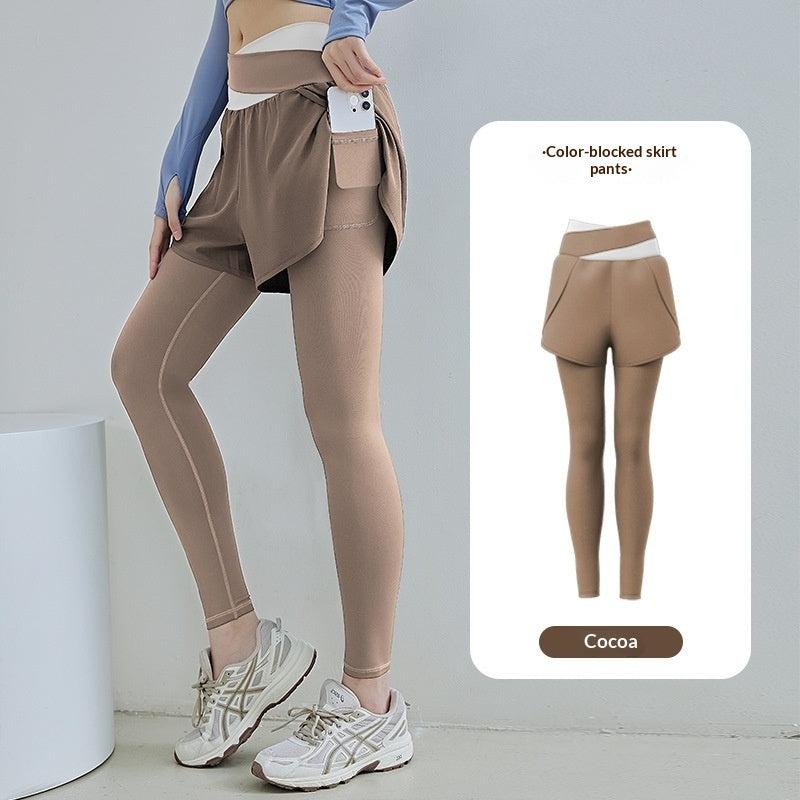 New Color-block Faux Two-piece Yoga Pants With Side Pockets