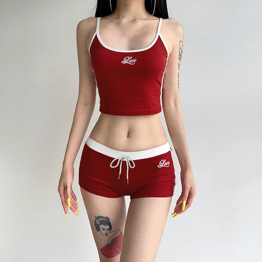 U-neck Camisole With Drawstring And Lace-up Details Paired With Shorts