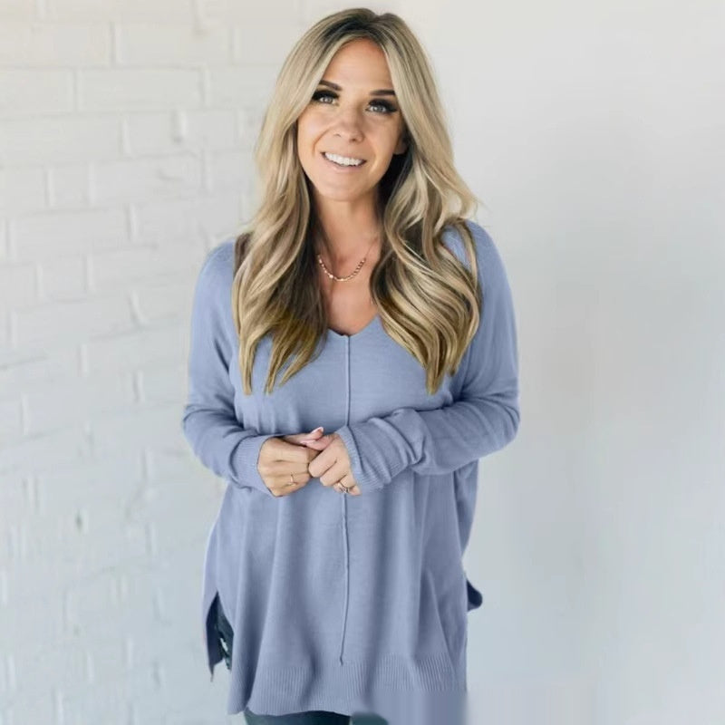 Women's Design Sewing Front Sweater Loose Knitwear Long Sleeve Top