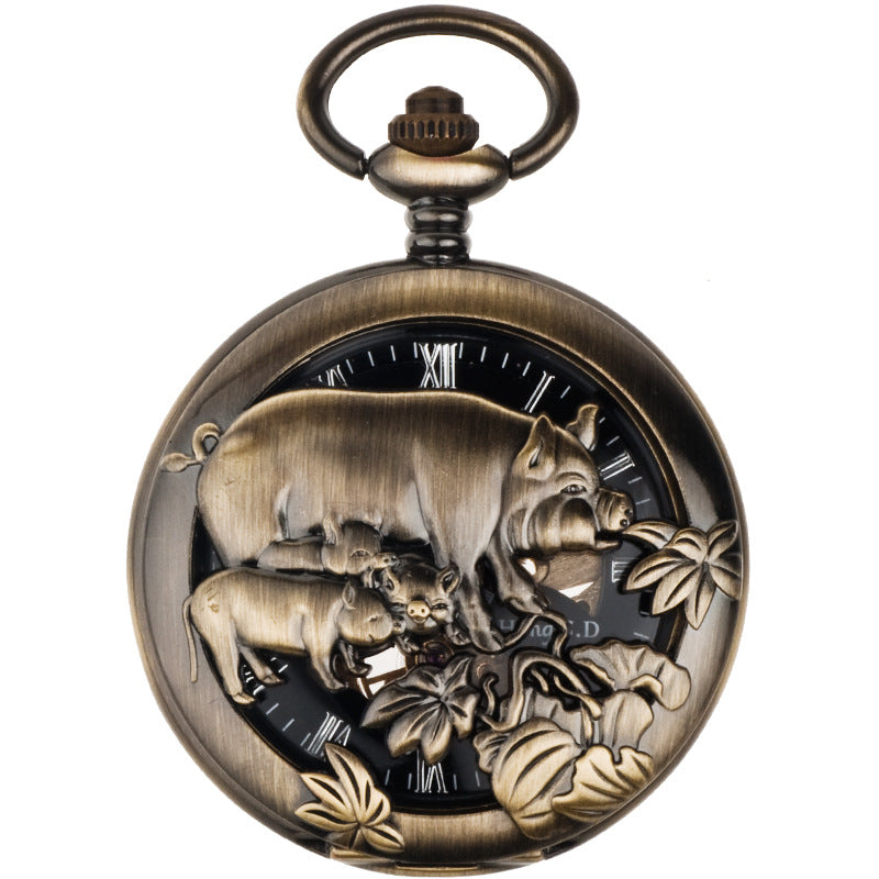 zodiac-animal Relief Mechanical Skeleton Watch With Roman Numeral Dial