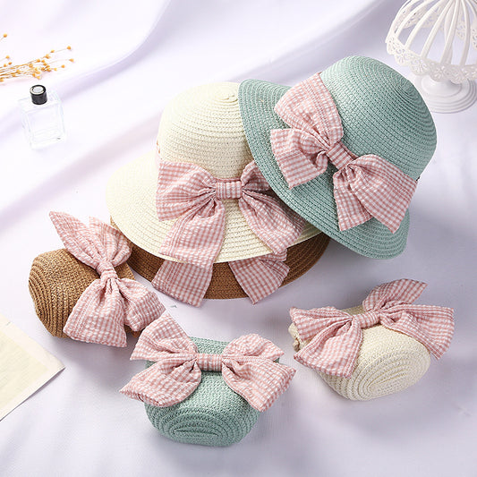 New Girls Big Bow Sun-proof Straw Hat Bag Set