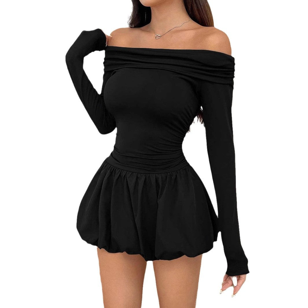 Womens Solid-Color One-Shoulder Long-Sleeve Ruffle Dress