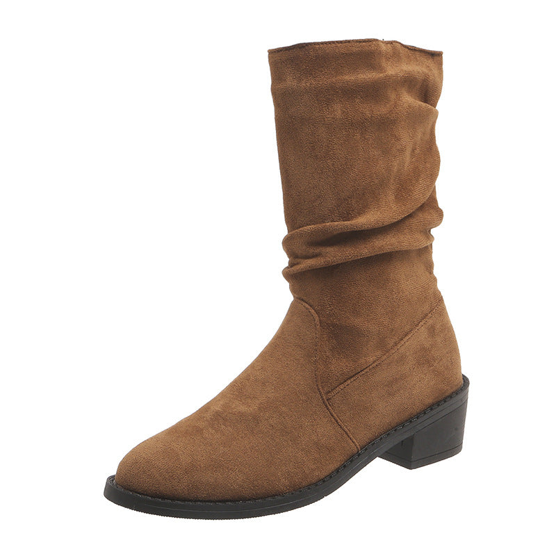 Large Size Thick Heel Pointed Toe Mid-calf Smoke Pipe Boots For Women