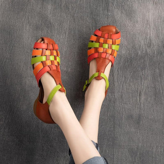 Handmade Color-block Woven Buckle Flat Soft-soled Flat Sandals