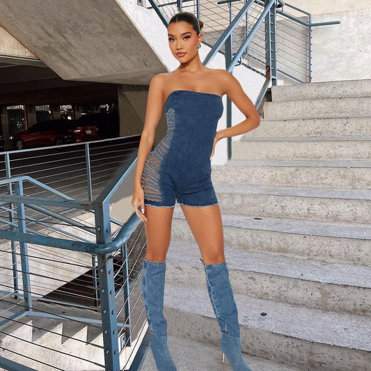 Chest Hugging Stretchy Denim Washed Jumpsuit