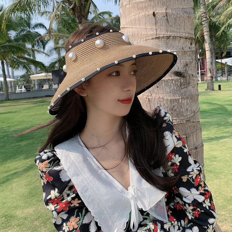 Straw Sun Protection Simple Empty Top Pearl Topless Sun Hat