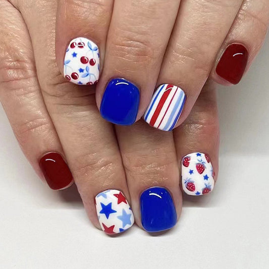 Short Glossy Red And Blue Combined Strawberry Cherry Independence Day Wear Manicure 24 Pieces