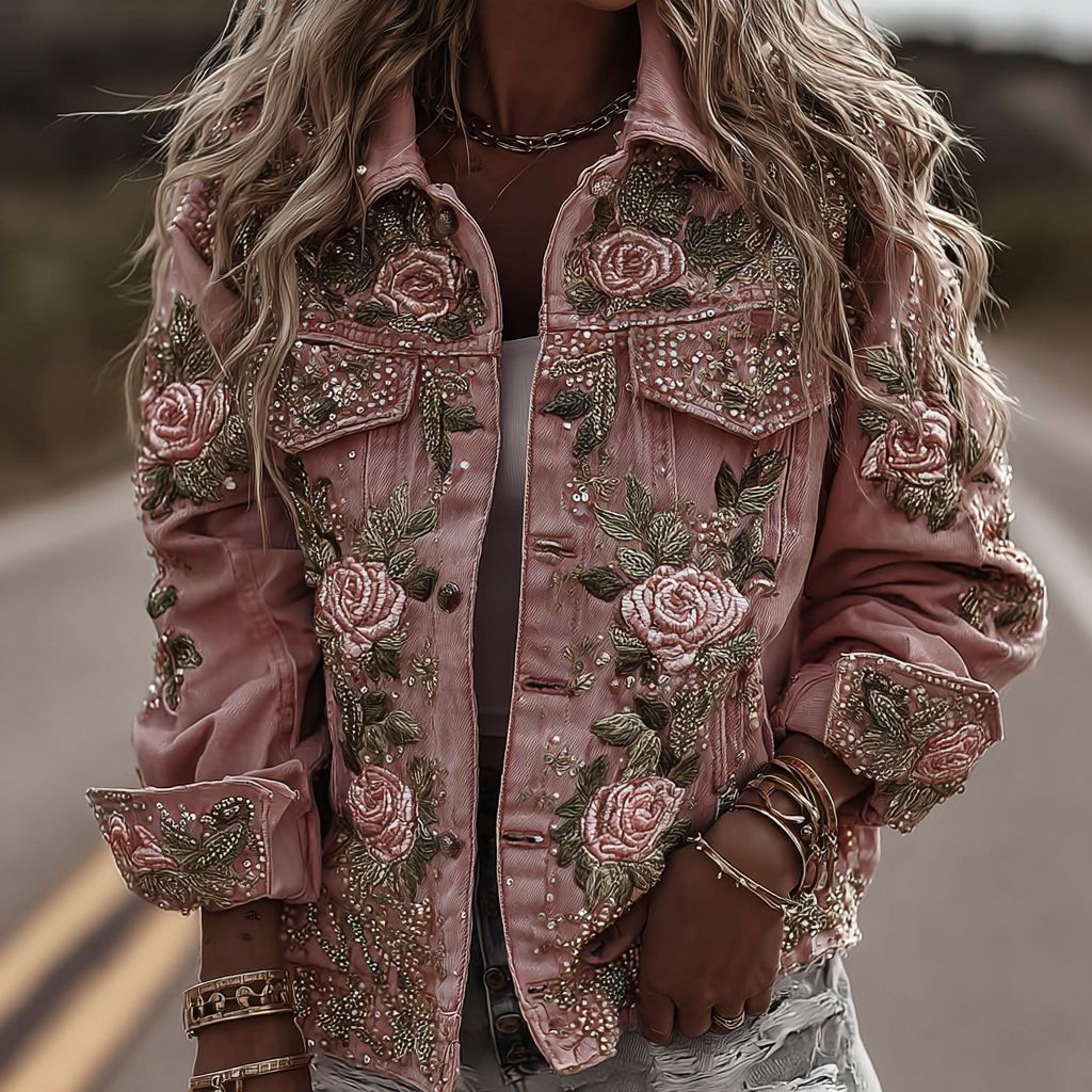 Women's Vintage Patchwork Print Turned Hem Denim Jacket