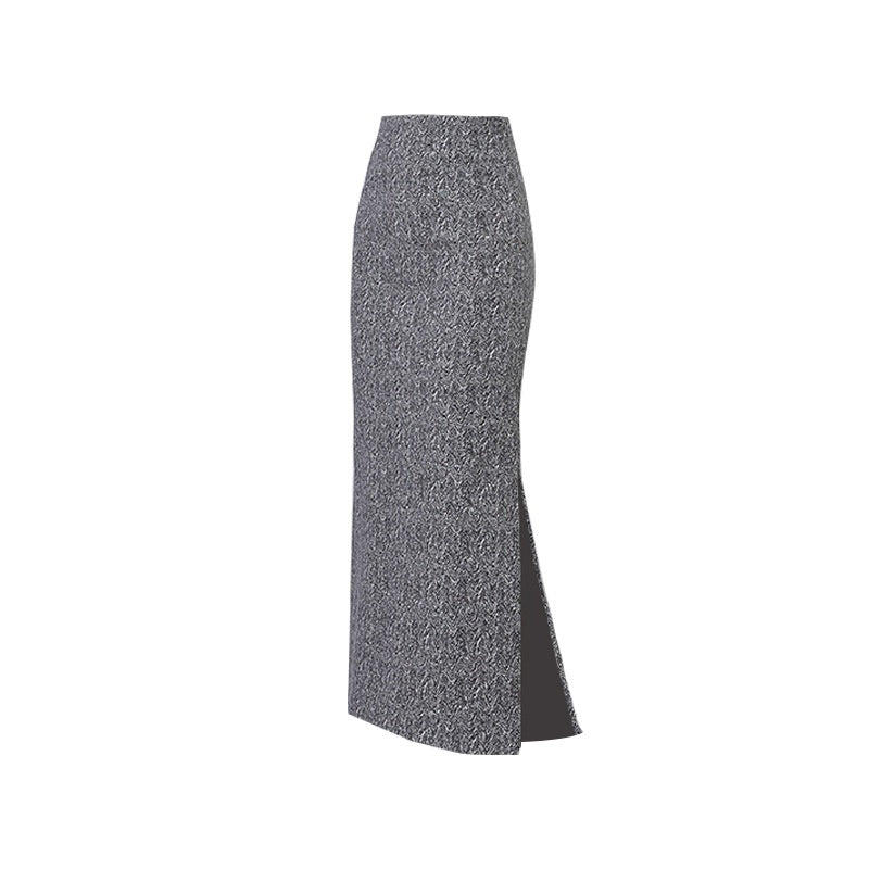 Plaid Woolen Hip-wrapped Skirt Retro Side Slit Women's Slim Straight Skirt Thickened Long Skirt