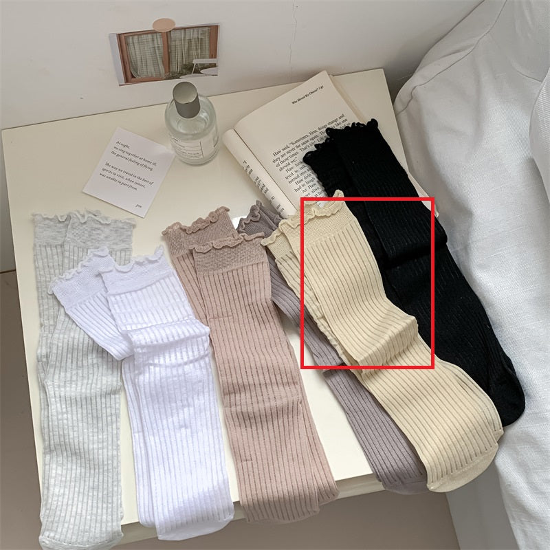 Solid Color Rib Fabric Wooden Ear Lady White Tube Bunching Socks