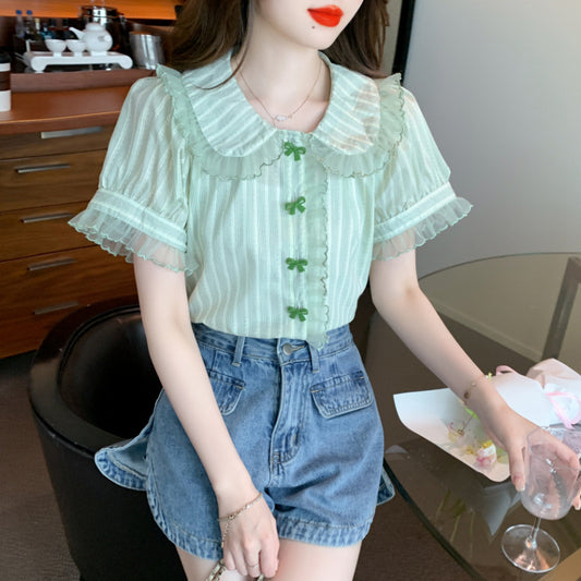 Doll Collar Bell Sleeve Lace Shirt Chiffon Shirt Top