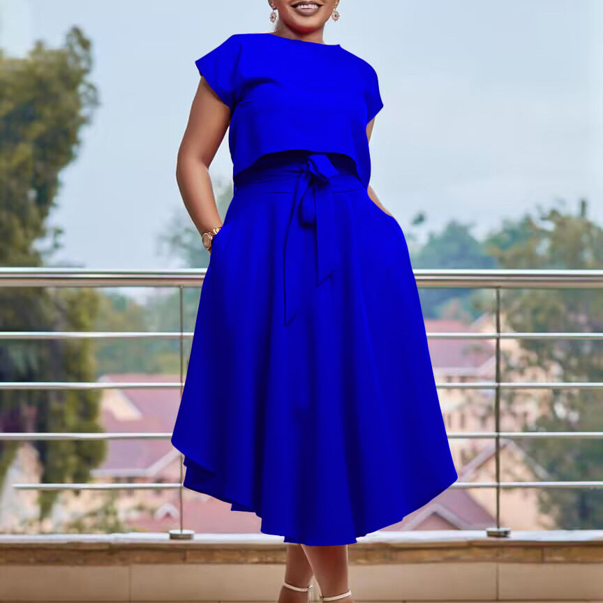 Solid Color Top Big Hem Skirt Two-piece Set