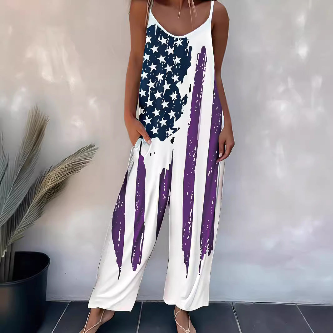 Women's Printed Casual Suspender One-piece Trousers