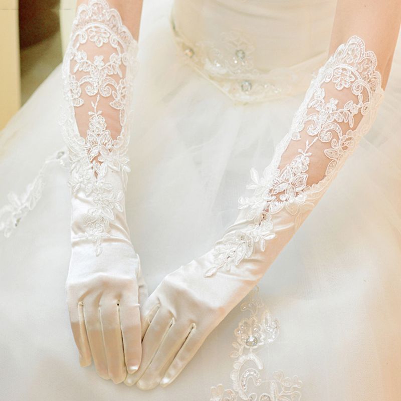 New Bridal Wedding Dress Gloves Banquet Satin Lace Embroidered