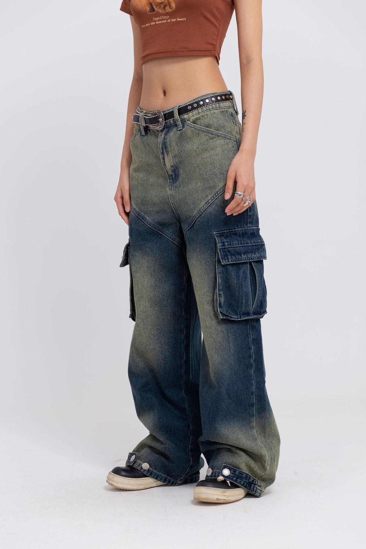 Unisex Street Fashion Loose Wash Workwear Denim Trousers