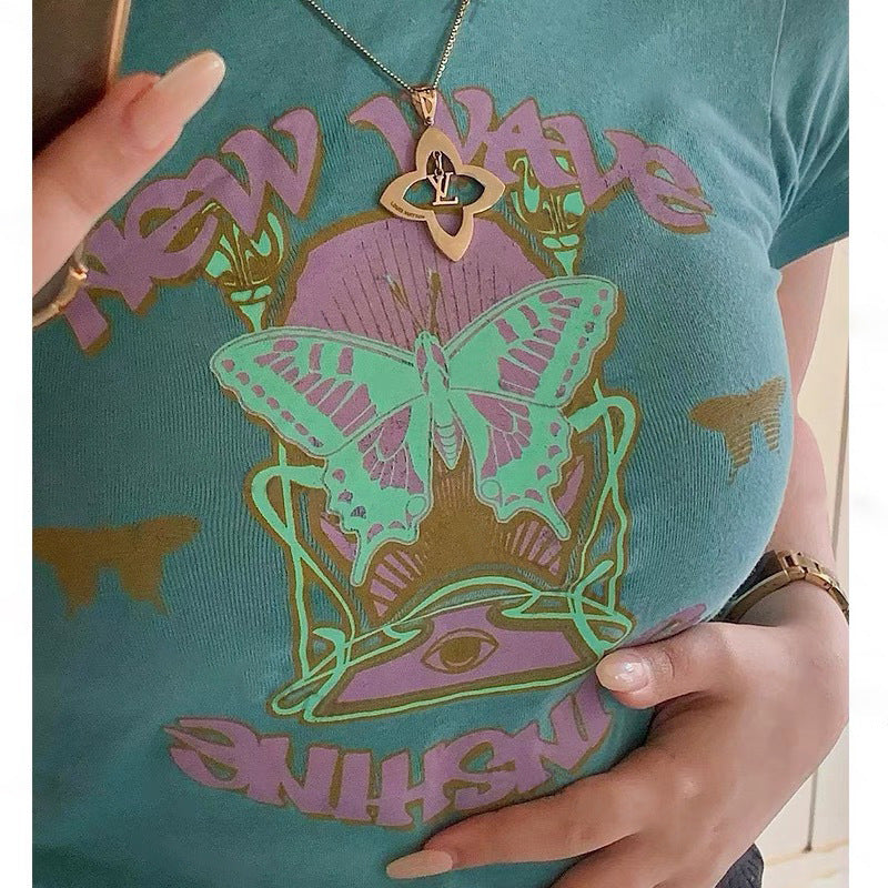 American Trend Butterfly Print Round Neck Short Sleeves