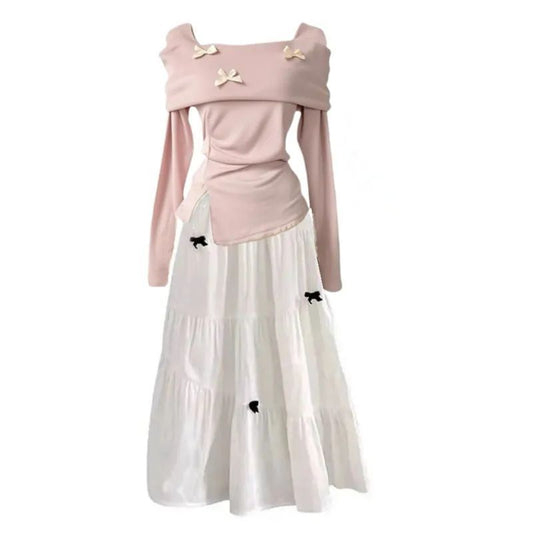 Autumn Blue Split Long-sleeved Top High-waist Slim Skirt Set