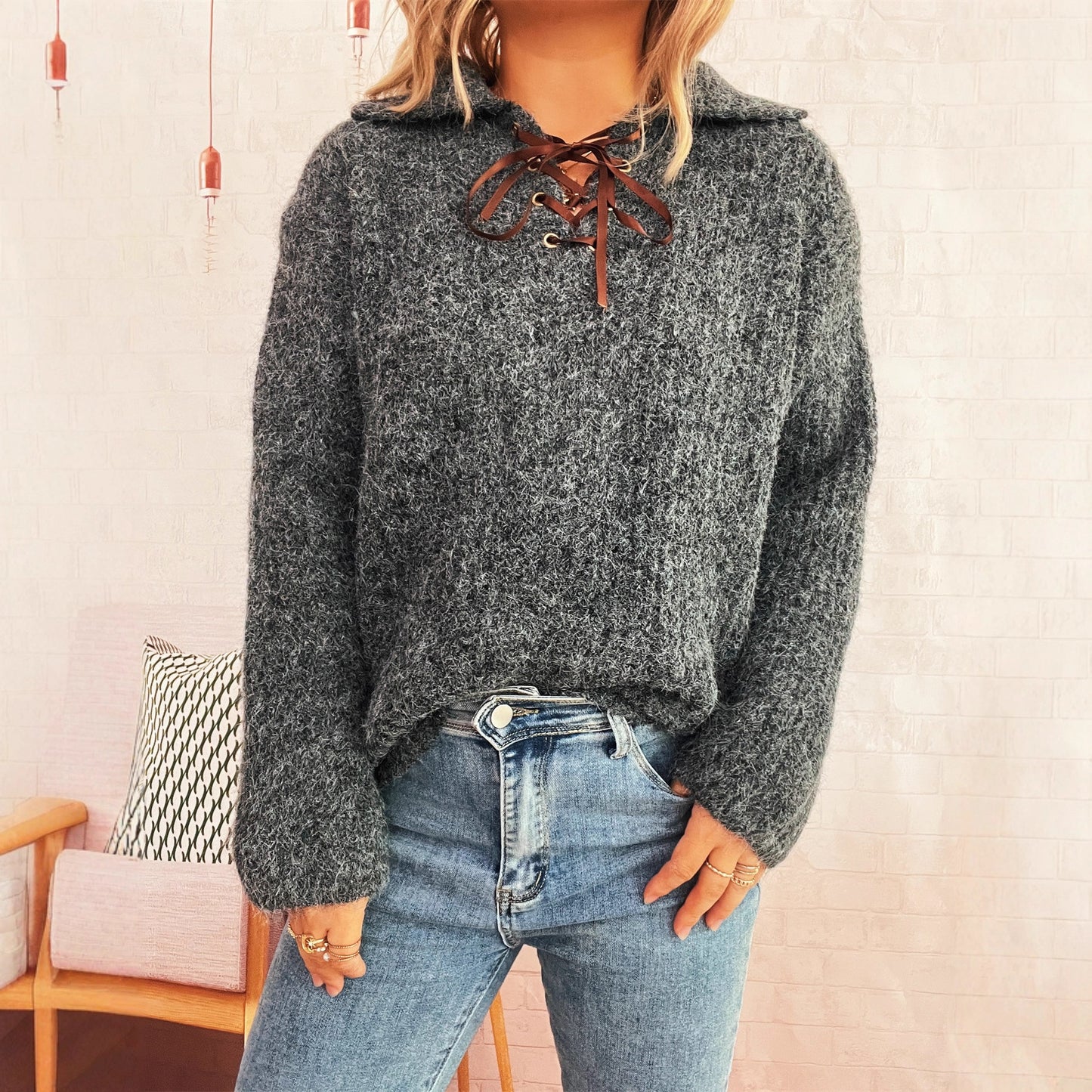 Simple Commute Lapel Tied Knitted Pullover Solid Color Loose Sweater