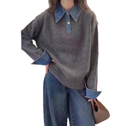Enkel alsidig standkrave denim syning løs temperament afslappet top
