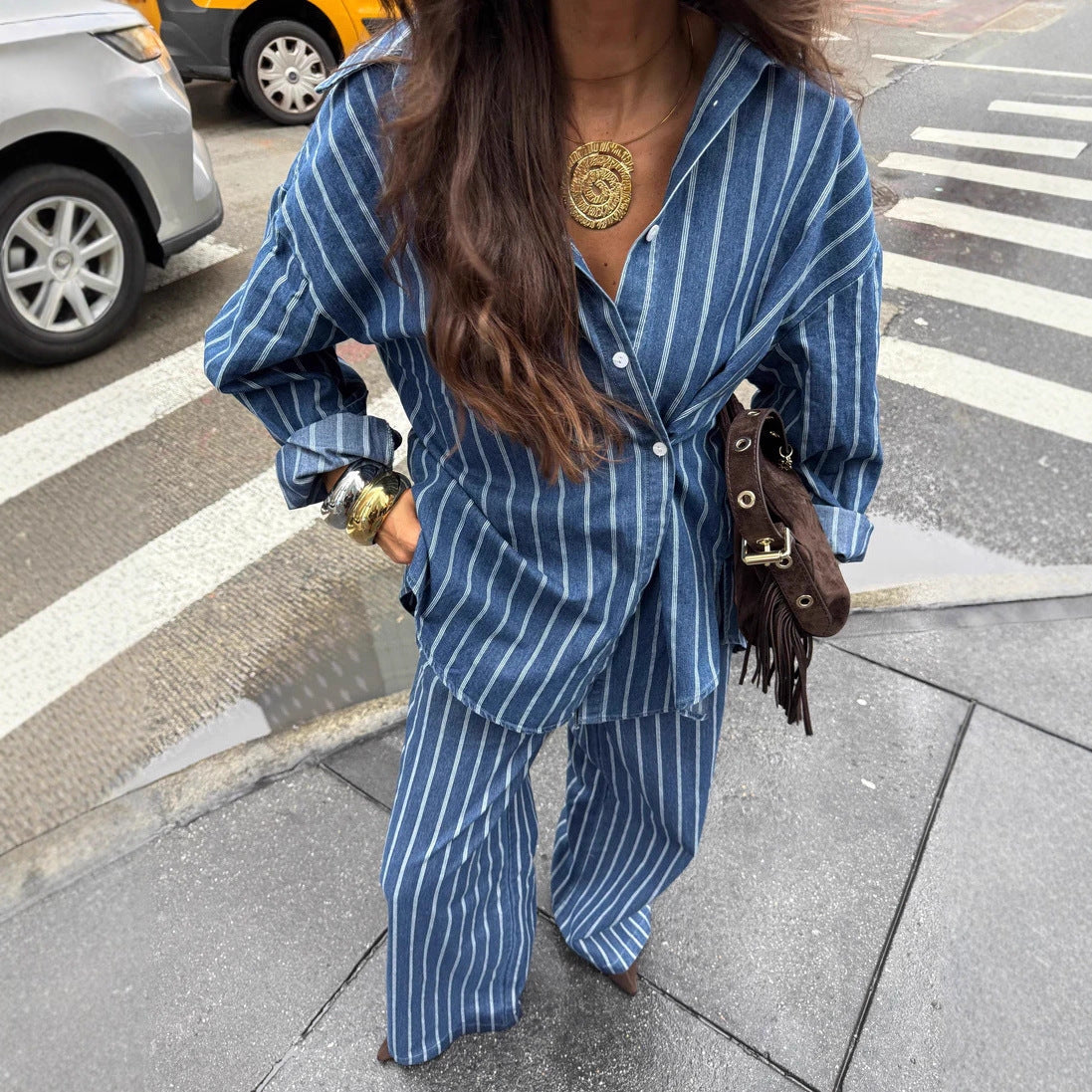 Casual, Relaxed-fit Striped Long-sleeve Shirt And Pants Set With A Turn-down Collar