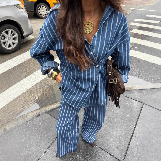 Casual, Relaxed-fit Striped Long-sleeve Shirt And Pants Set With A Turn-down Collar