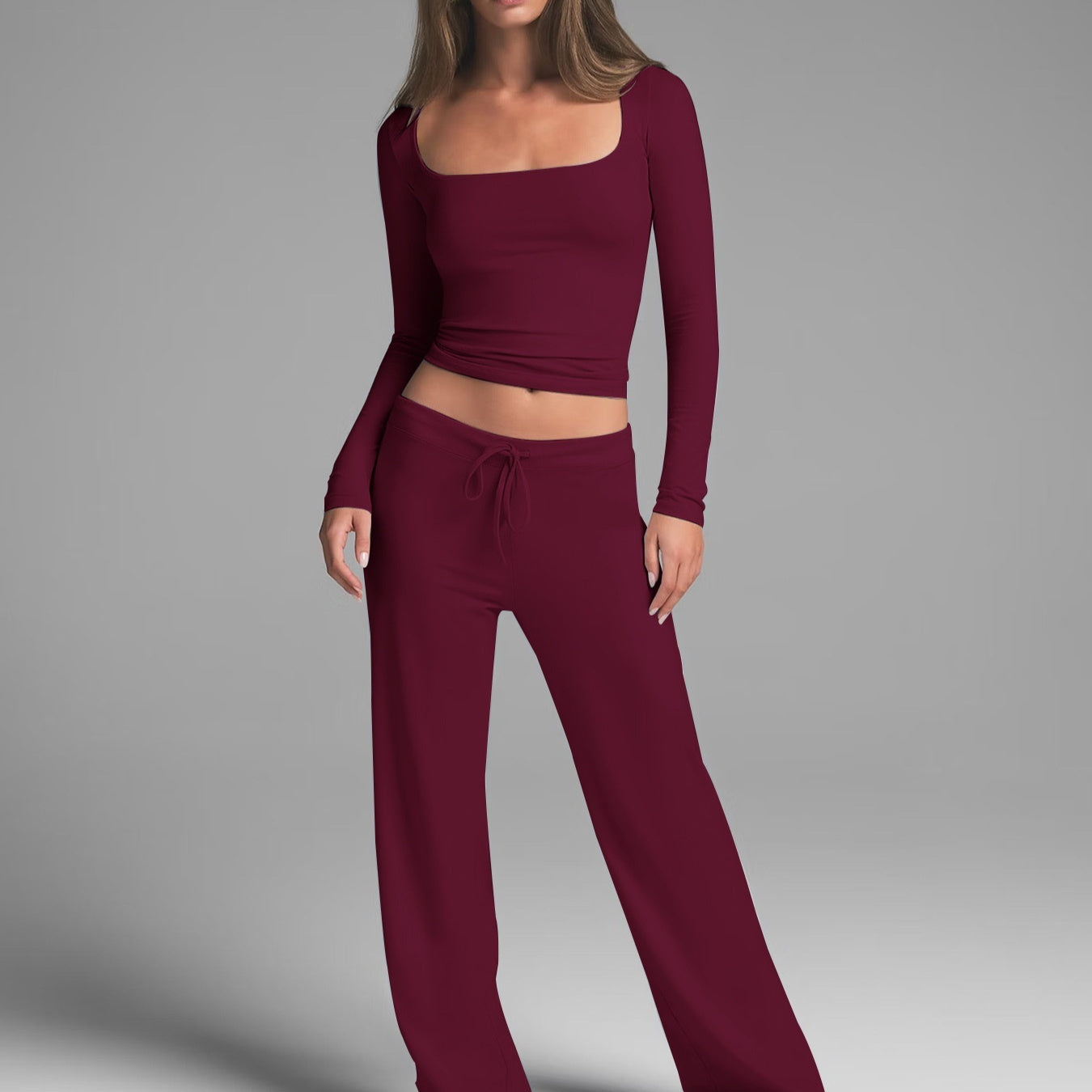 Women's Long-Sleeve Square-Neck Top And Yoga Pants Two-Piece Set