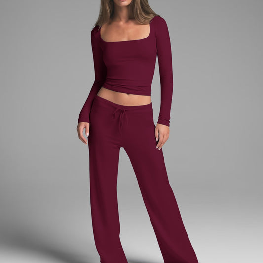 Women's Long-Sleeve Square-Neck Top And Yoga Pants Two-Piece Set