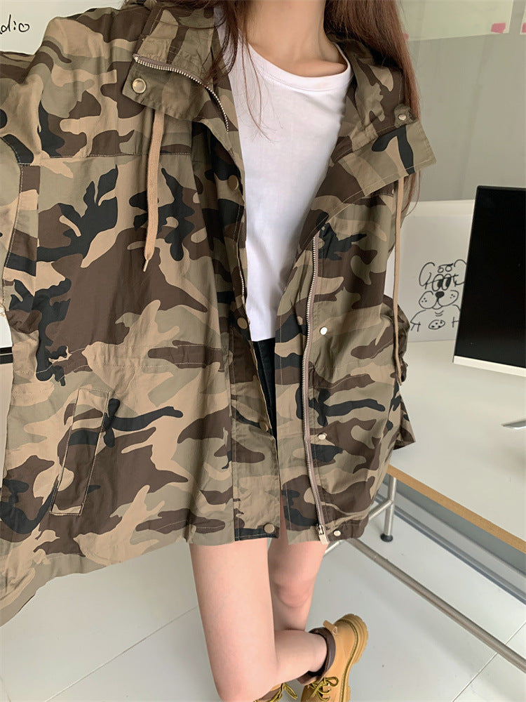 Women's Long Sleeve Zipper Camouflage Tooling Short Coat