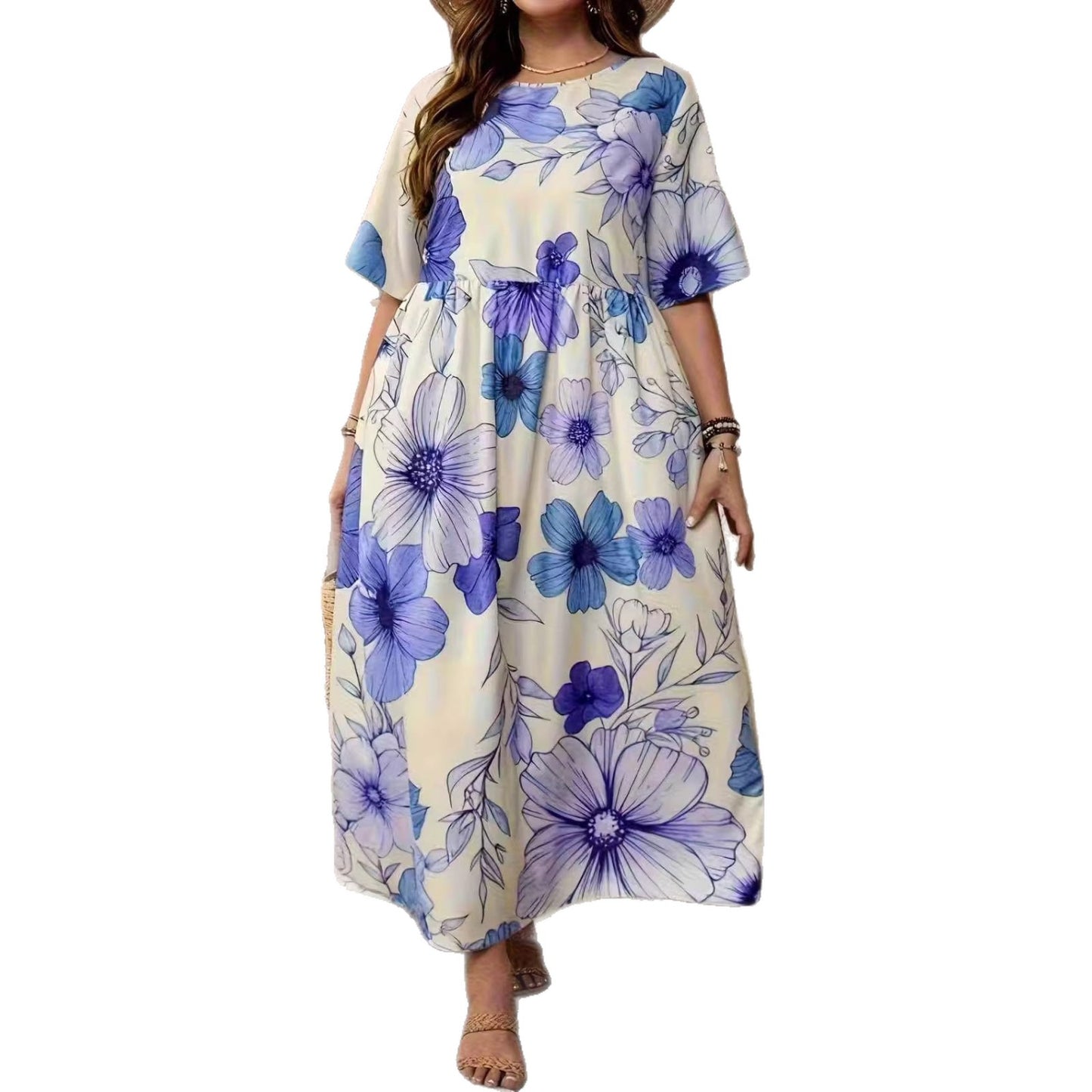 Vacation Short-Sleeve Crew-Neck Floral Print Dress