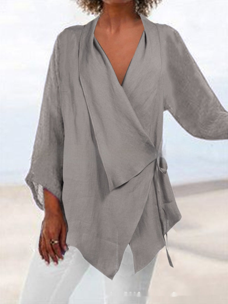 Pure Color Tied Irregular Hem Cotton Linen Women's Casual Top