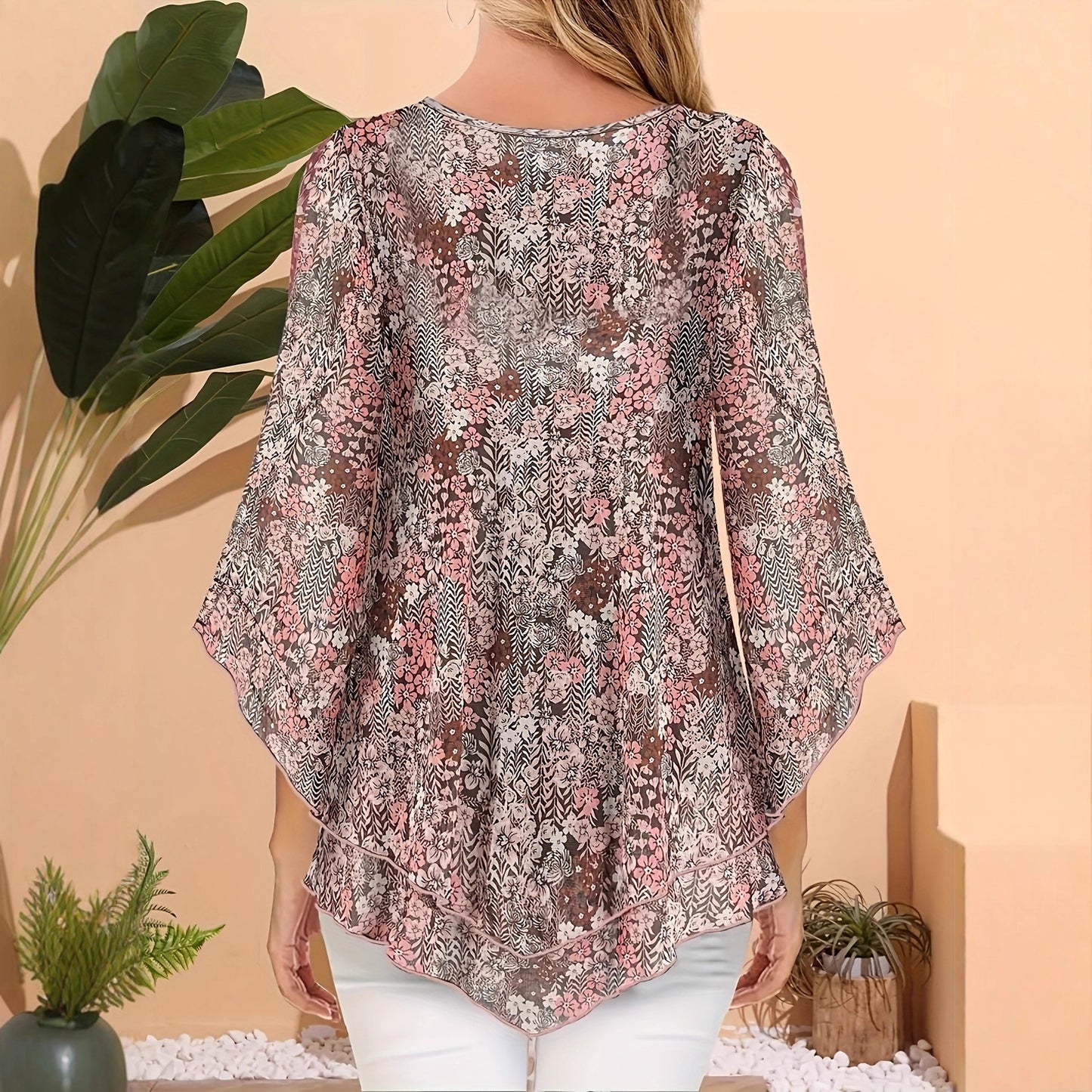 Women's Floral Print V-neck Chiffon Long Sleeve Top