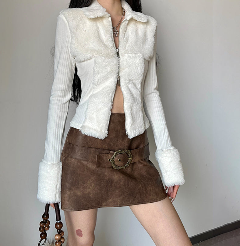 Double-sided Zipper Cardigan With Lapel And Furry Patch Long Sleeve Top